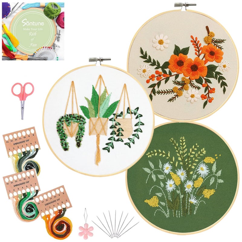 Santune 3 Sets Embroidery Kit for Beginners Needlepoint Cross Stitch Kits for Adults,Stitch Learning DIY Sets with Instruction Video,Stamped Floral Patterns,Hoop,Threads,Sewing Hobby - Image 1